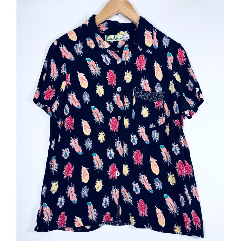 Loco Lindo Blouse Womens Small Black Feather Print Short Sleeve Made in USA